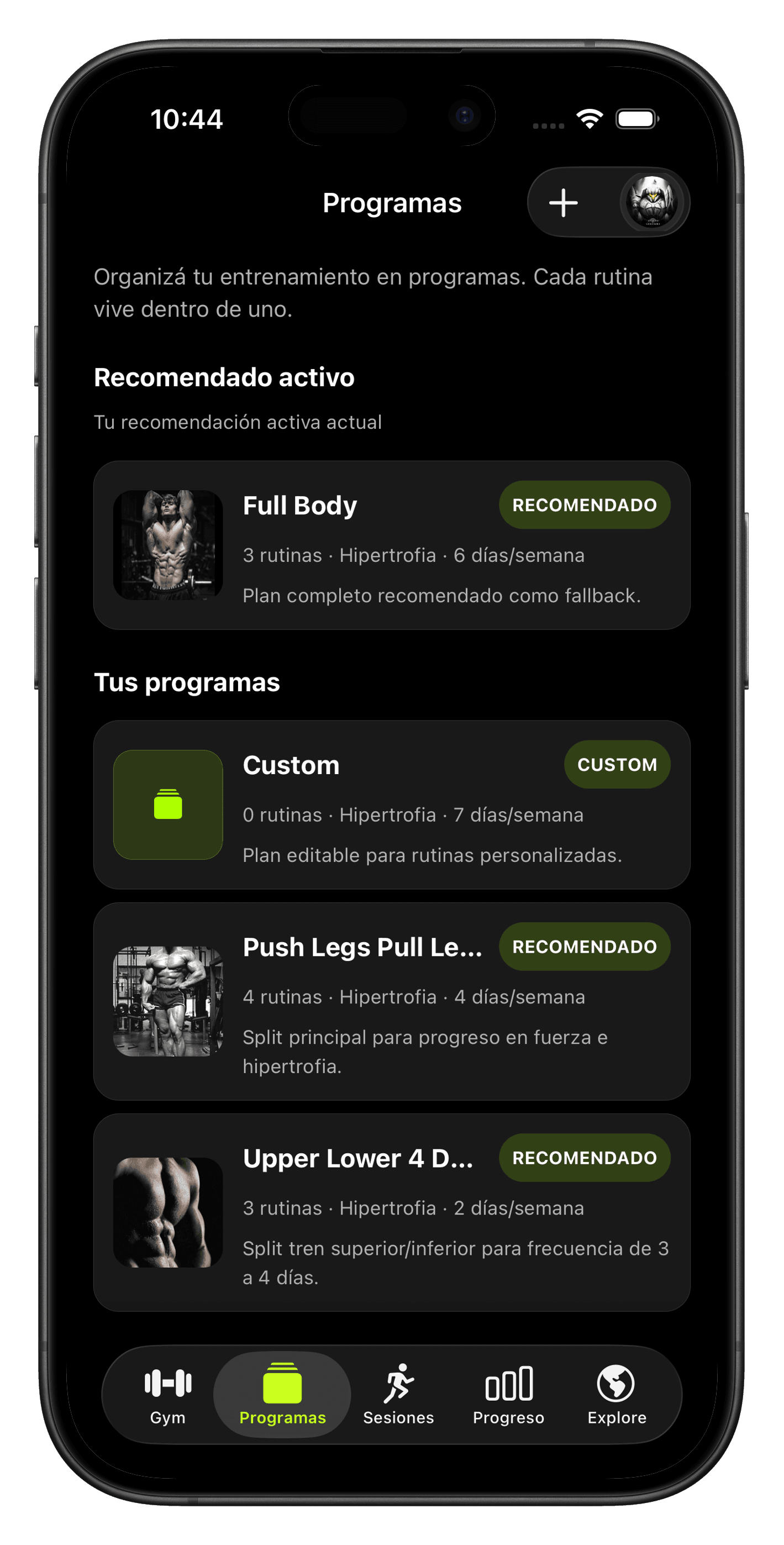 Pantalla de GainWise con rutinas y programas de entrenamiento.