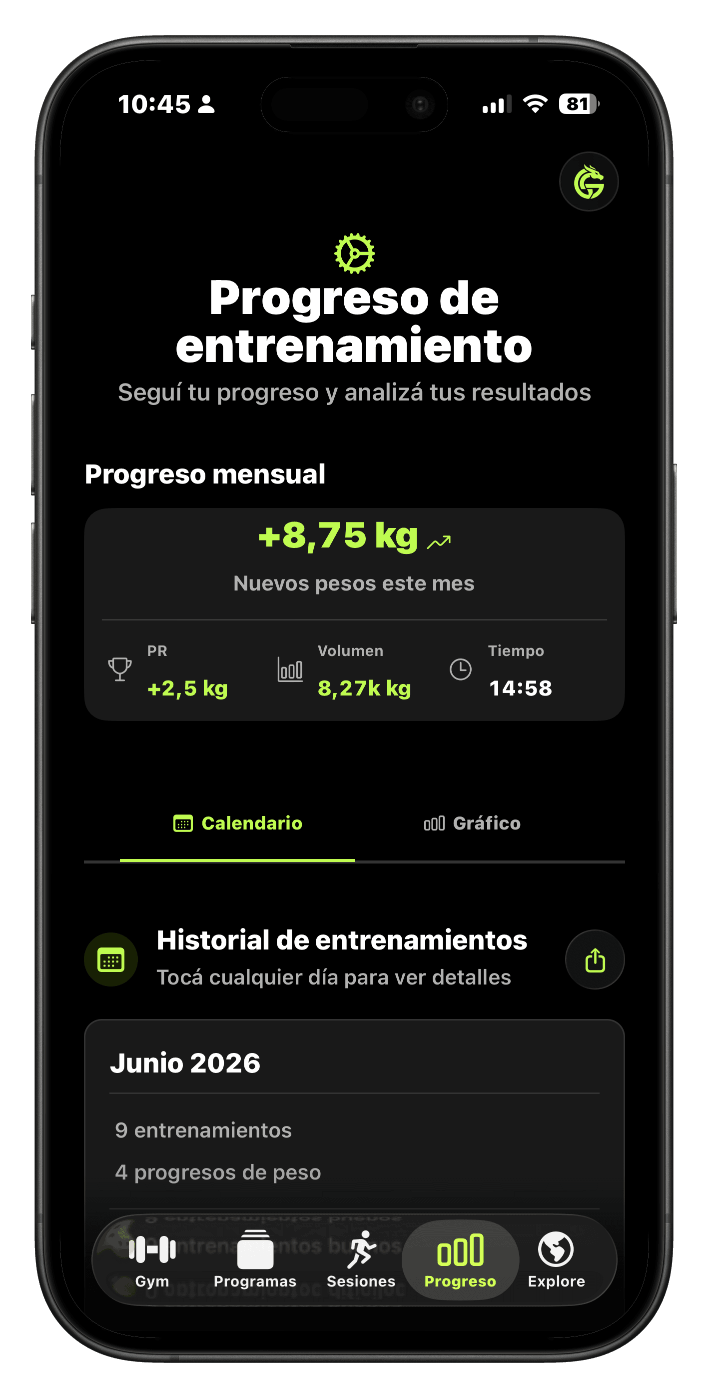 Pantalla de GainWise con resumen de progreso y marcas personales.