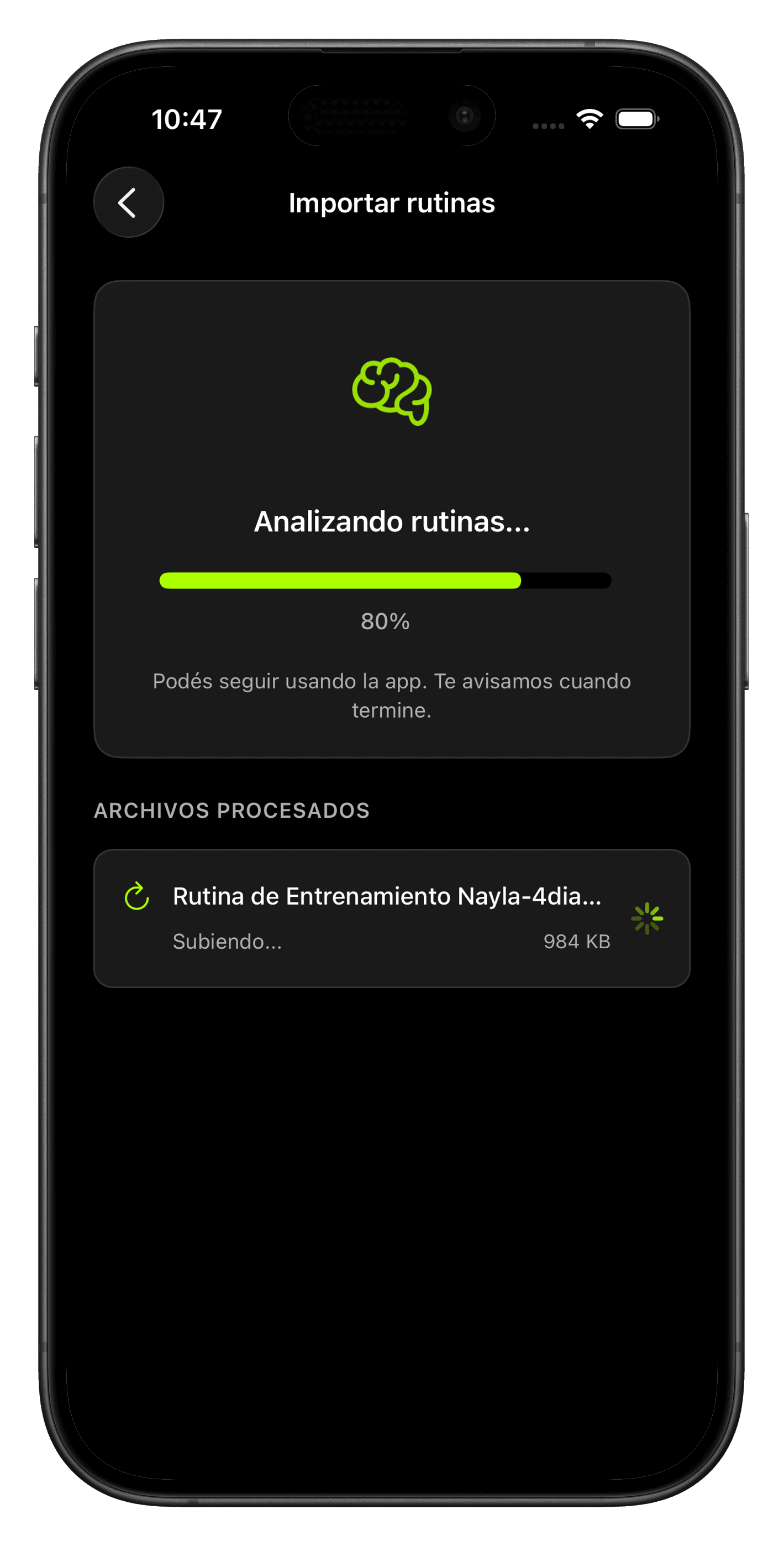 Pantalla de GainWise con ajustes, funciones premium e importación.
