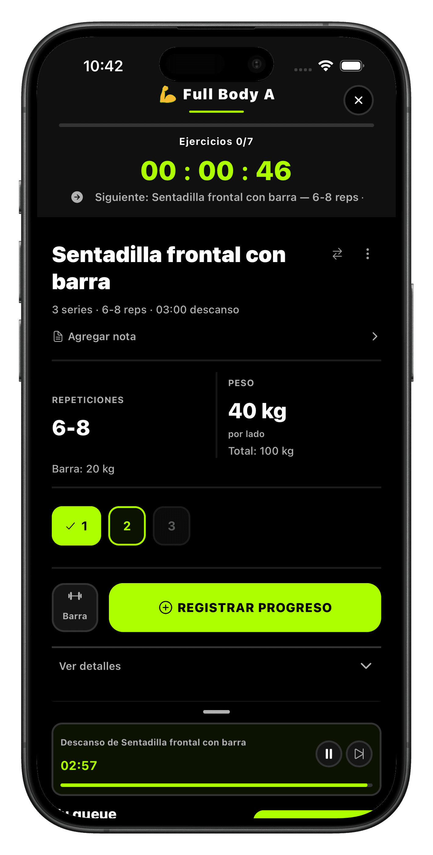 Pantalla de GainWise para registrar una sesión de entrenamiento.